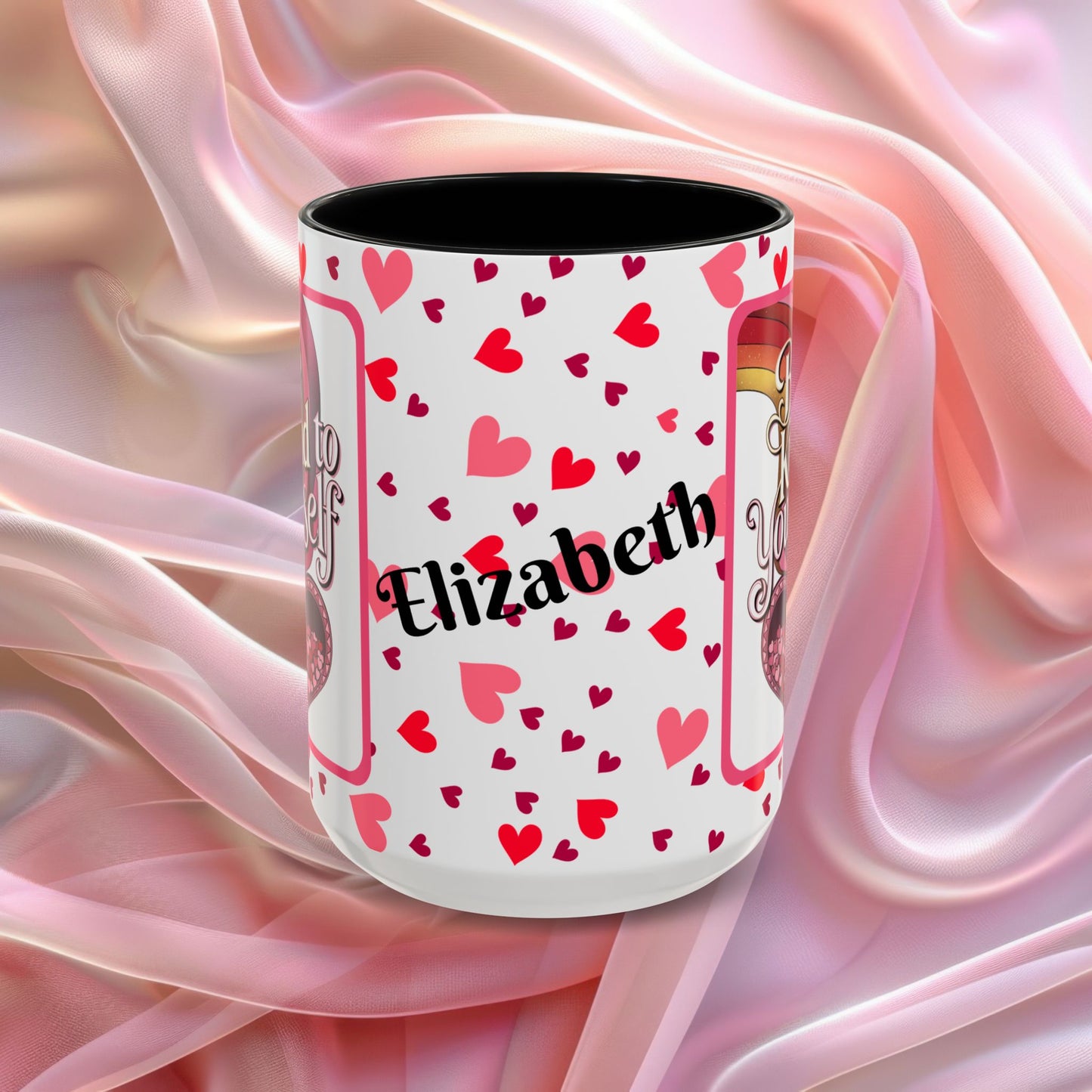 Be Kind To Yourself Valentines mug with self care message, red and pink Valentine design, affirmation coffee cup