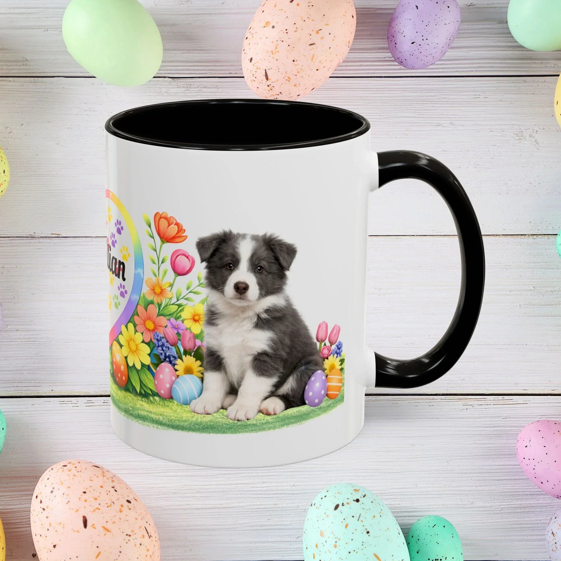 Shop our border collie blue white puppy easter mug featuring the 11oz style option from MySisterIsASurvivor.