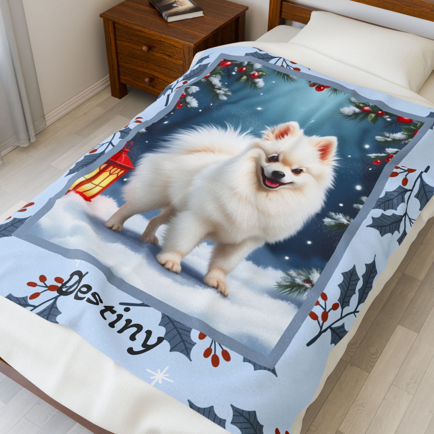 Pomeranian White custom winter blanket showing a snowy white Pom in a crisp illustrated lodge background