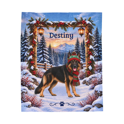 German Shepherd (Bi-Color Coat) - Personalized Winter Lodge Throw, Custom Name Velveteen Blanket - MySisterIsAsurvor