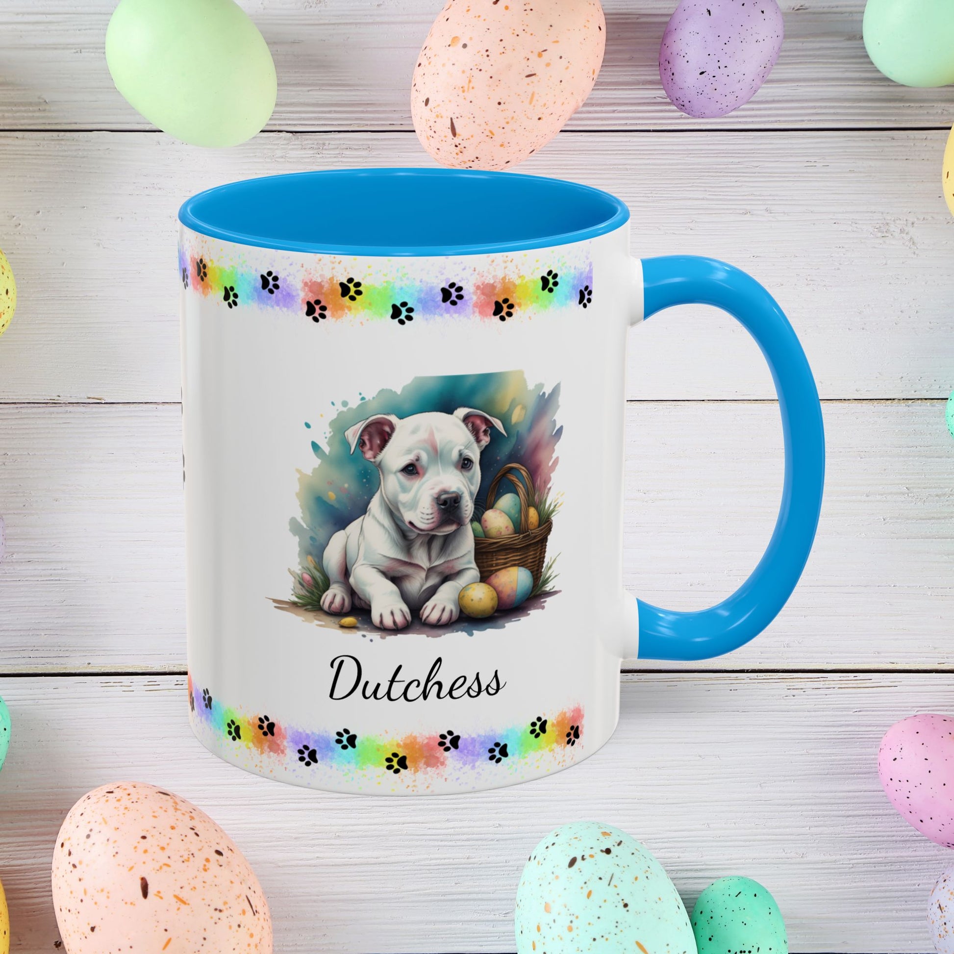 Pitbull (White): Personalized Easter Puppy Coffee Mug - Adorable Dog Design, Mental Health Gift, 11oz & 15oz, 12 Color Choices, Easter Gifts & Décor