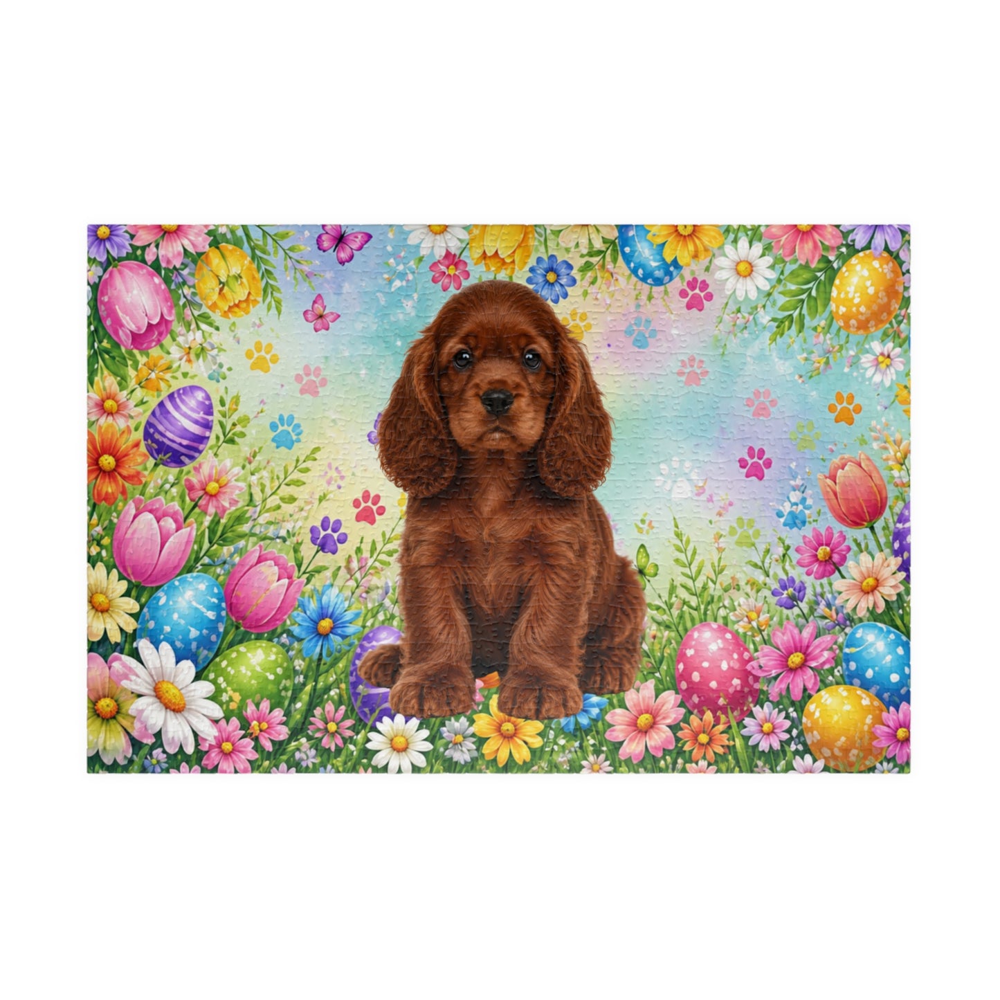American Cocker Spaniel (Orange) Easter Puppy Puzzle - Spring Garden with Eggs, Tulips, and Daisies