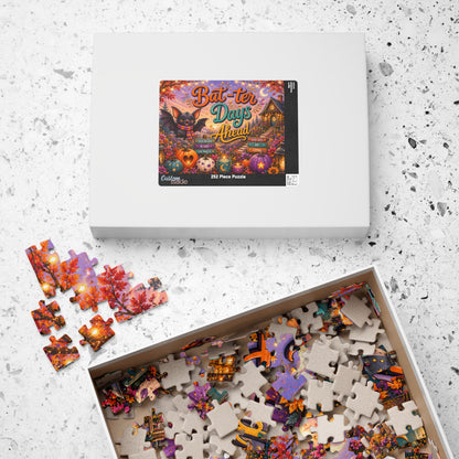 Bat-ter Days Ahead Halloween puzzle featuring cheerful bat artwork, heart pumpkins, and a cozy cottage scene