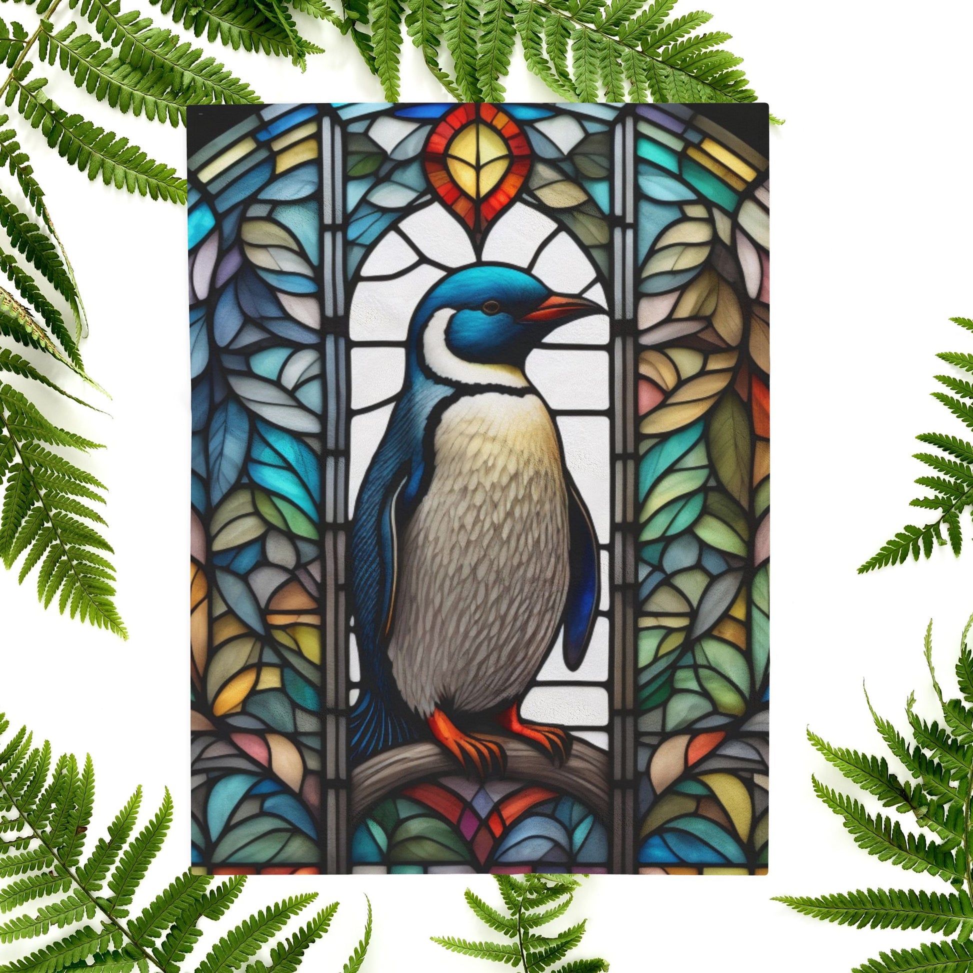 A cozy penguin blanket with stained glass-inspired art, perfect for winter warmth and comfort.