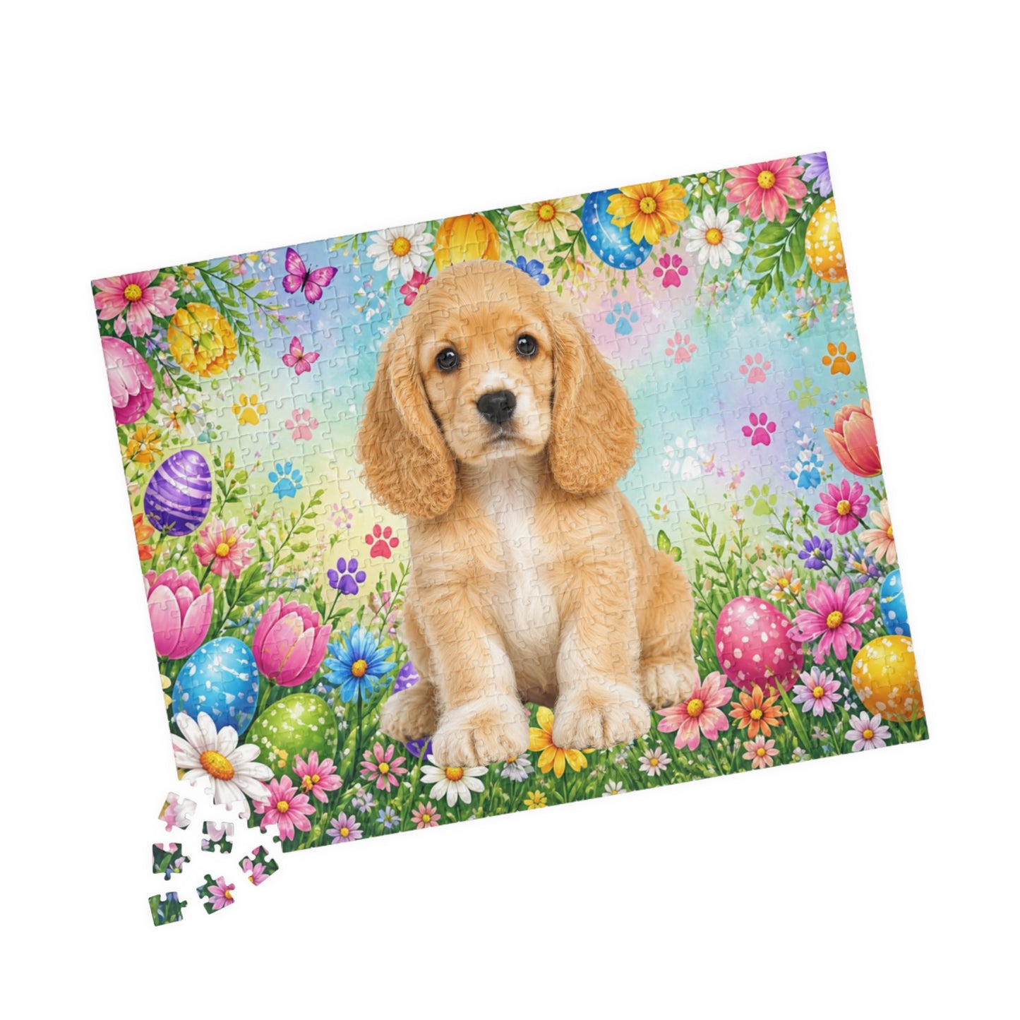 American Cocker Spaniel (Lemon & White) Easter Puppy Puzzle - Spring Garden with Eggs, Tulips, and Daisies
