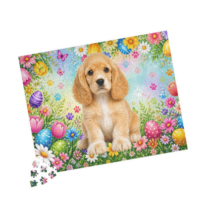 American Cocker Spaniel (Lemon & White) Easter Puppy Puzzle - Spring Garden with Eggs, Tulips, and Daisies