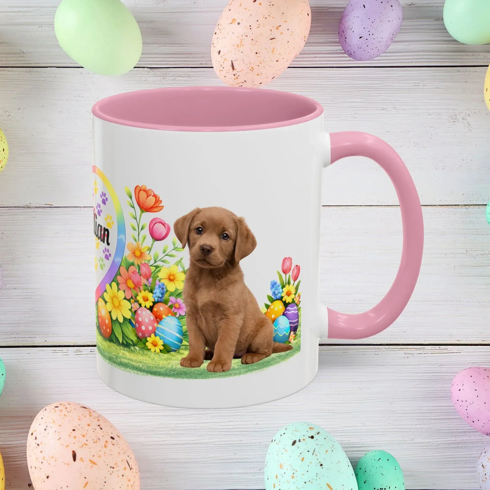 Shop our labrador retriever chocolate light puppy easter mug featuring the 11oz style option from MySisterIsASurvivor.