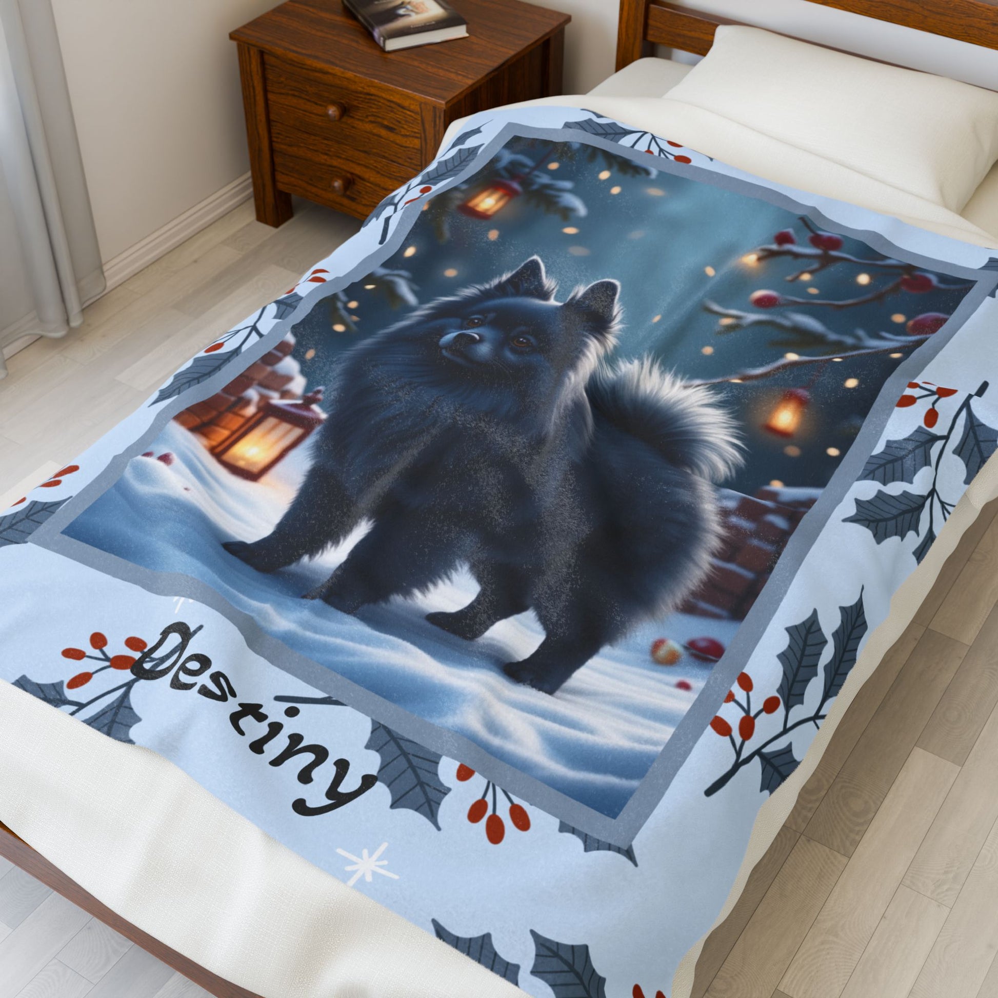 Pomeranian Blue custom winter blanket showing a rare blue Pom in a cheerful lodge-style winter illustration