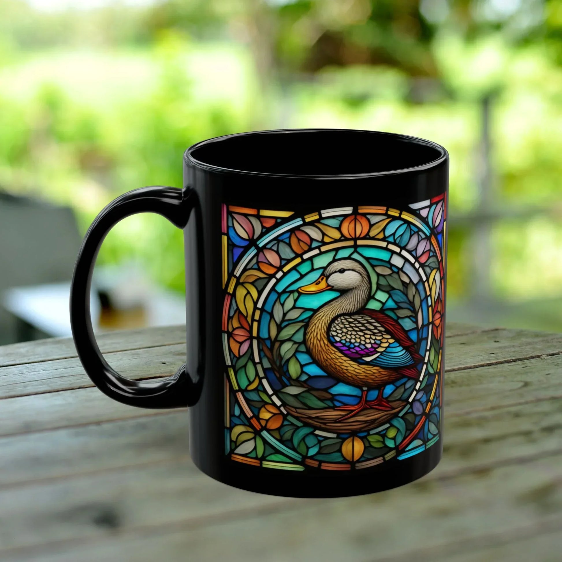 Shop our premium duck stained glass zoo animals ceramic black mug from MySisterIsASurvivor.
