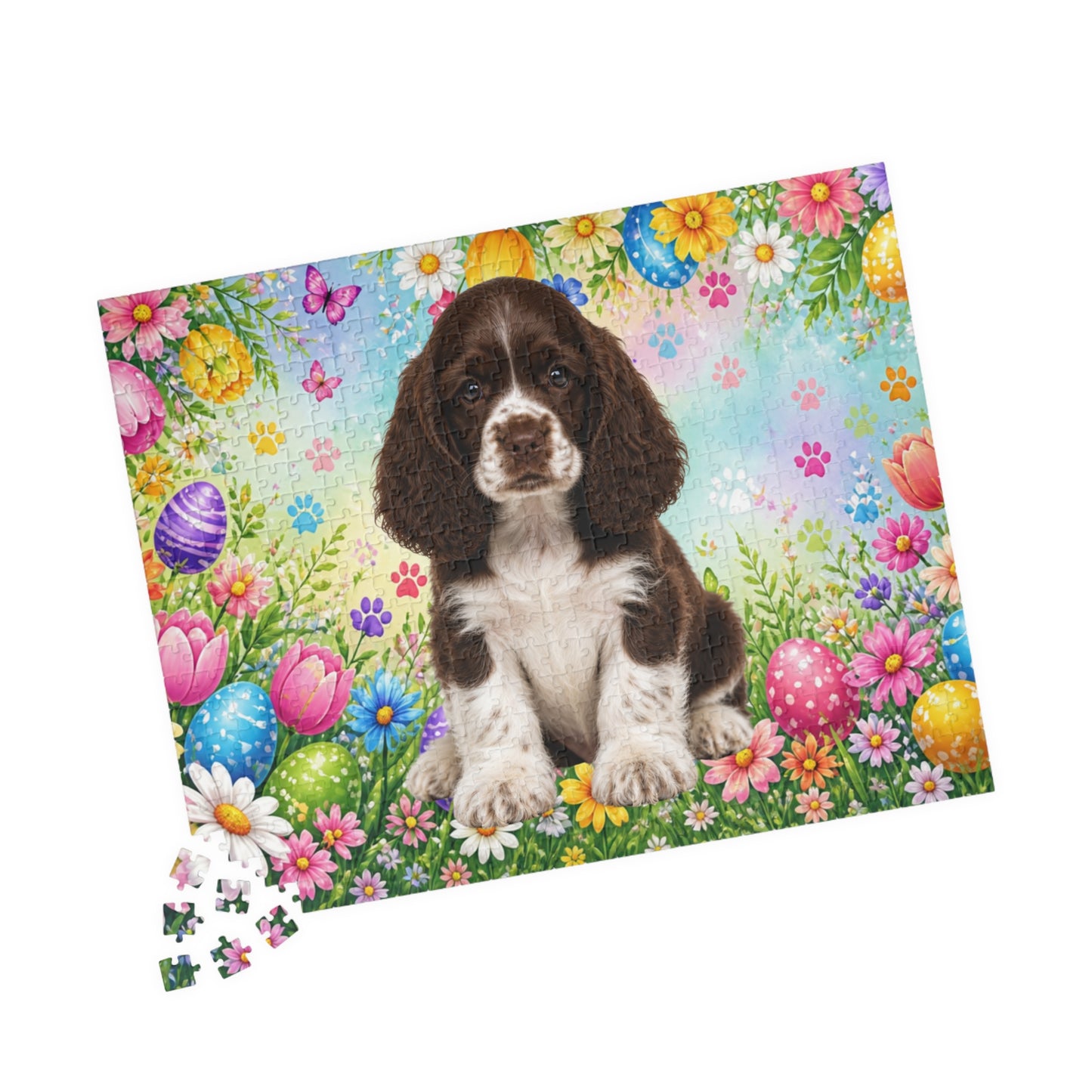 American Cocker Spaniel (Liver & White) Easter Puppy Puzzle - Spring Garden with Eggs, Tulips, and Daisies