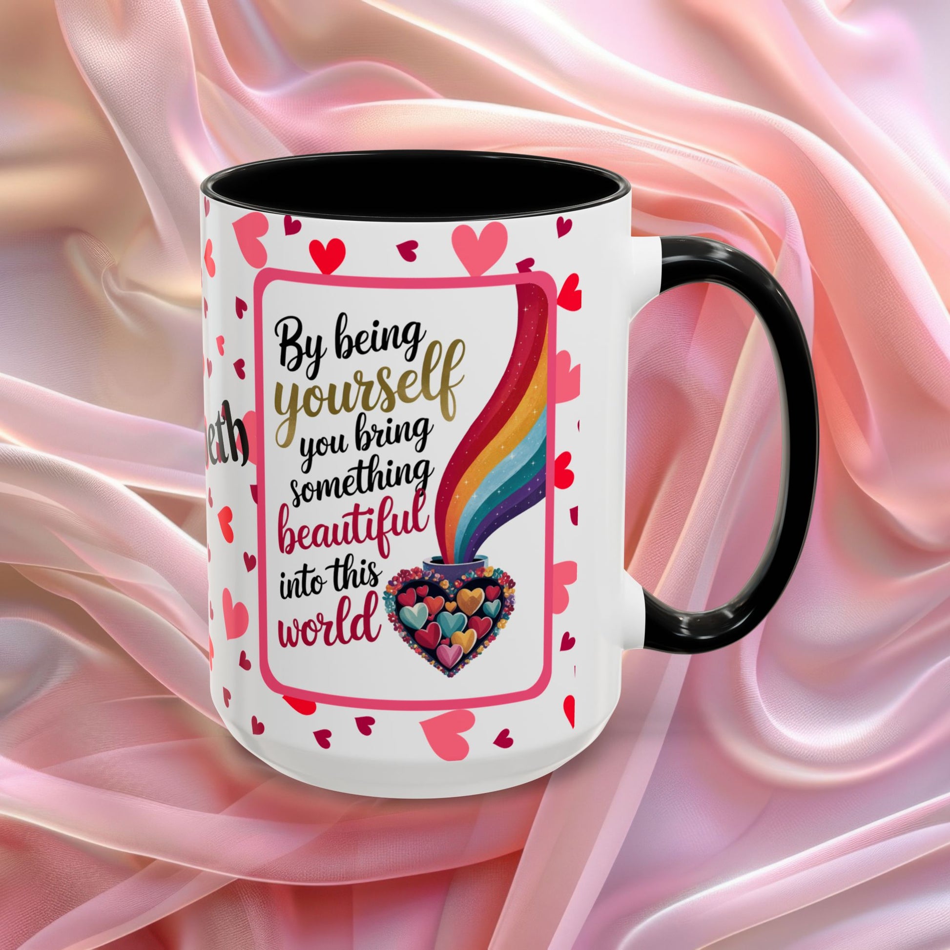 By Being Yourself Valentines mug featuring encouraging words, self love Valentine coffee cup design