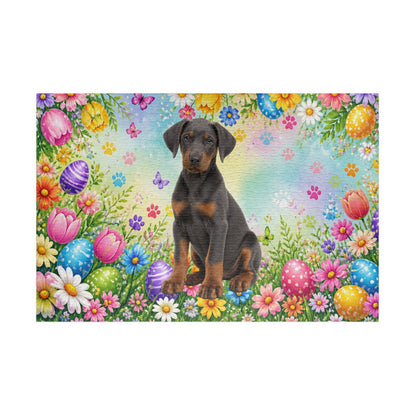Doberman (Blue & Rust) Easter Puppy Puzzle - Spring Garden with Eggs, Tulips, and Daisies