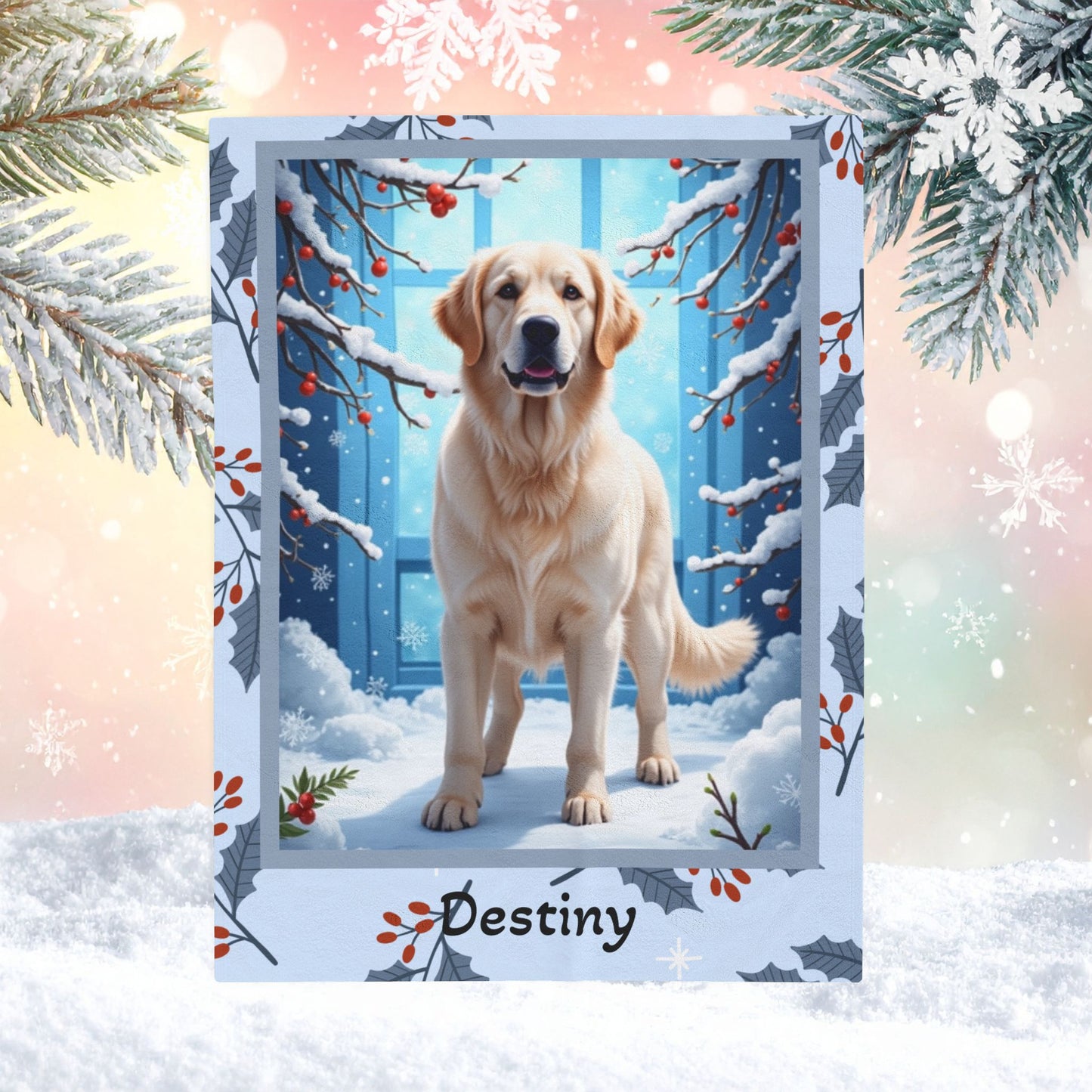 Golden Retriever White personalized winter throw featuring a white Golden Retriever in a cheerful lodge setting