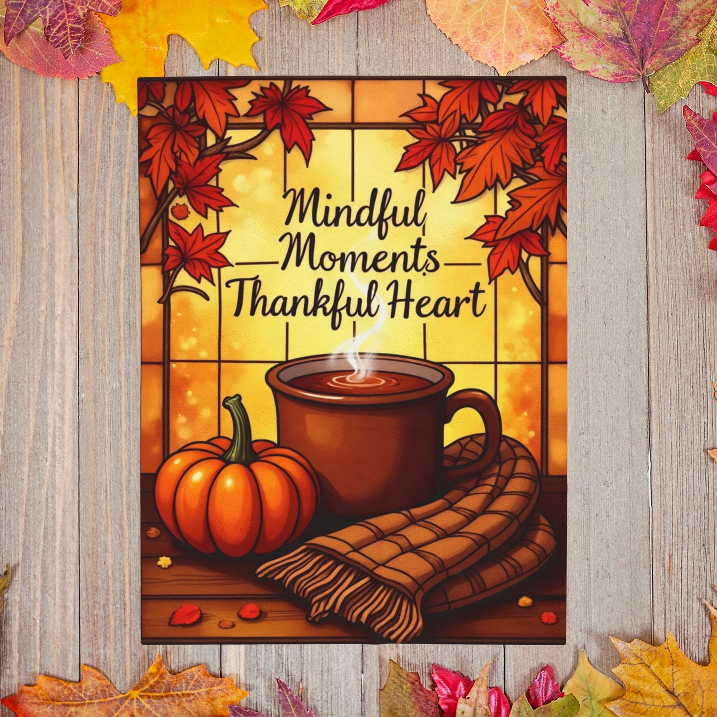 Cozy blanket with “Mindful Moments, Thankful Heart,” autumn mindfulness theme in warm orange and red.