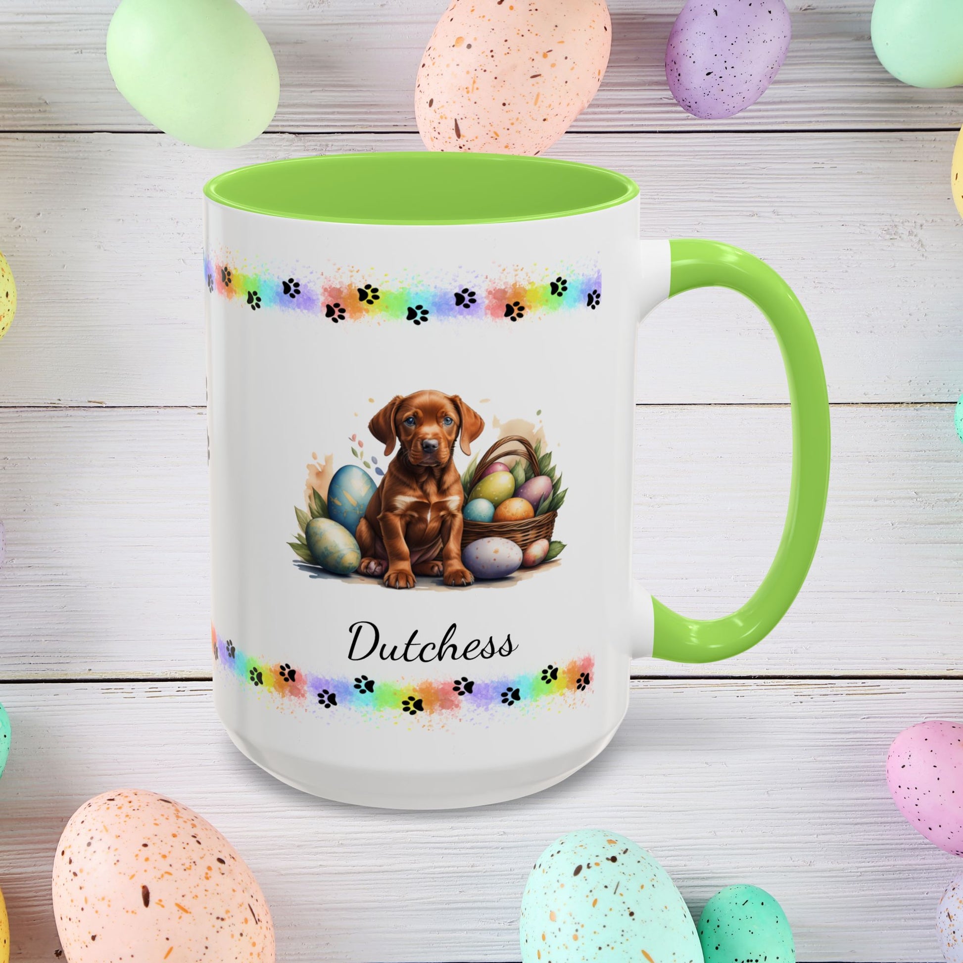 Vizsla: Personalized Easter Puppy Coffee Mug - Adorable Dog Design, Mental Health Gift, 11oz & 15oz, 12 Color Choices, Easter Gifts & Décor