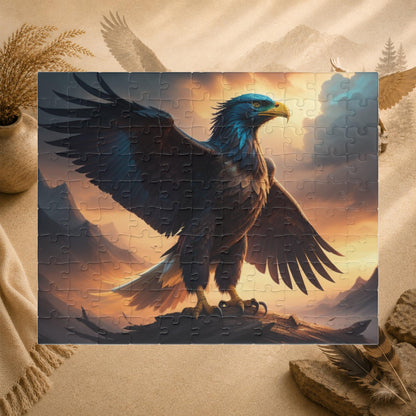 Wingspan of Strength - Full-Body Eagle Puzzle with Wings Spread Wide on Golden Stormy Sky Background