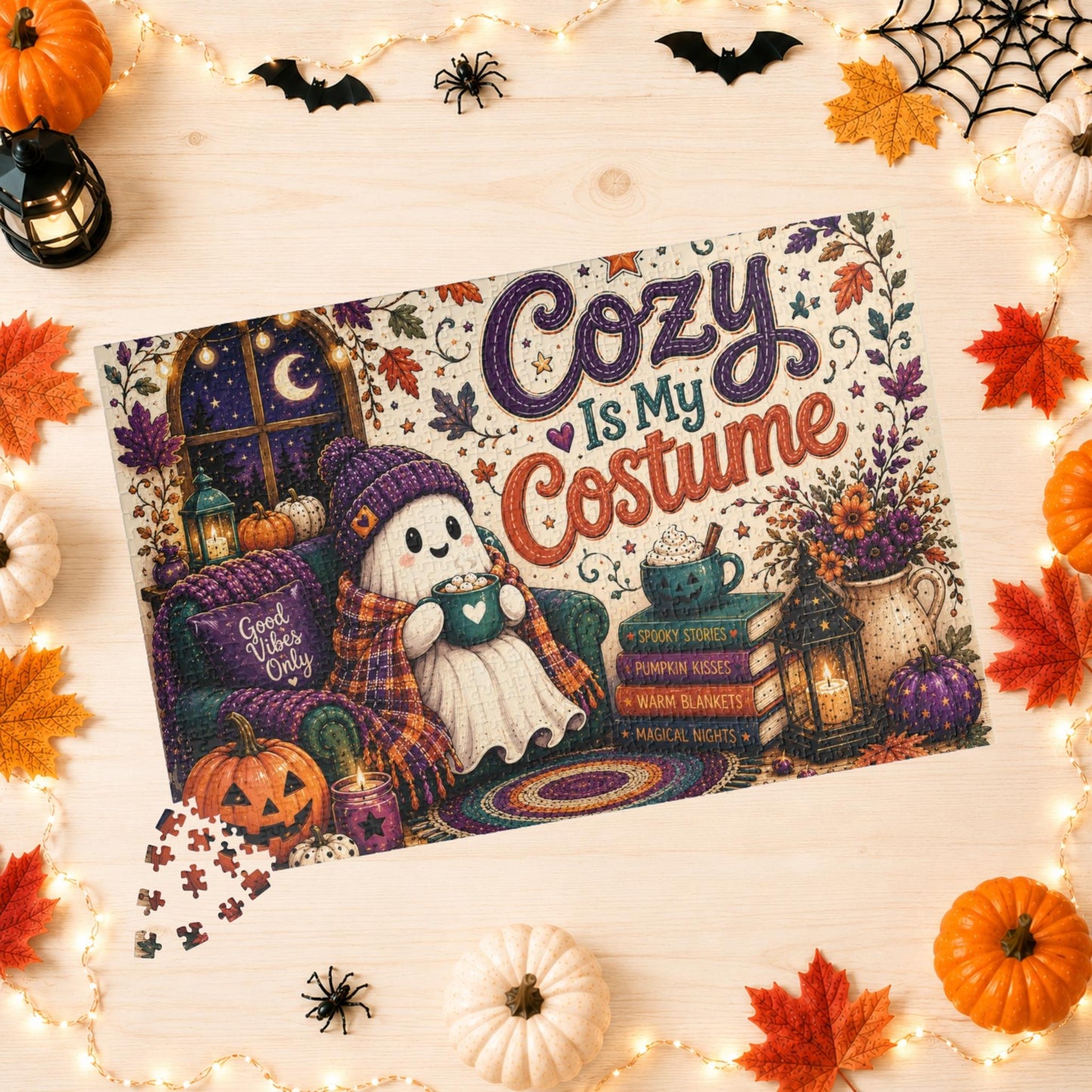 Cozy Is My Costume Halloween Puzzle - Ghost in Beanie with Good Vibes Pillow and Spooky Story Books