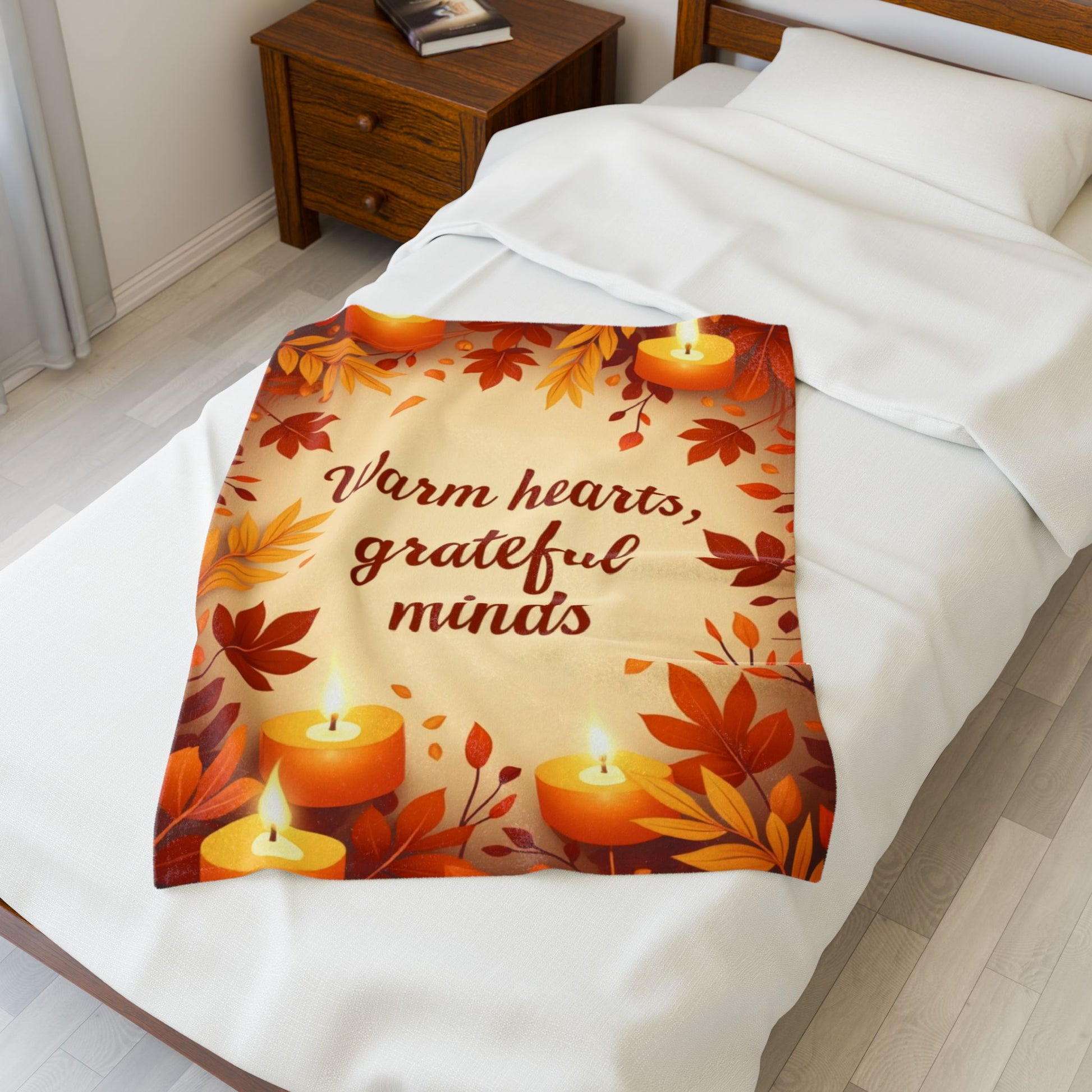 Cozy fall blanket with “Warm Hearts, Grateful Minds,” mindfulness-inspired autumn home décor.