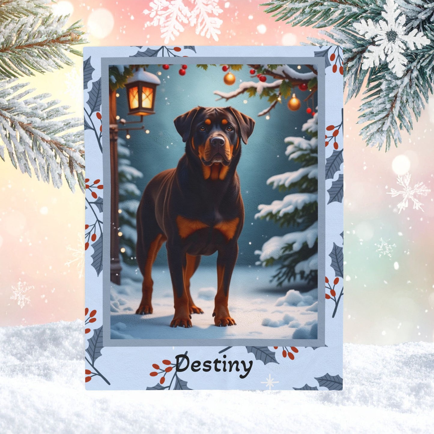 Rottweiler Chocolate personalized winter throw with a rich chocolate Rottweiler illustrated in a bright lodge setting