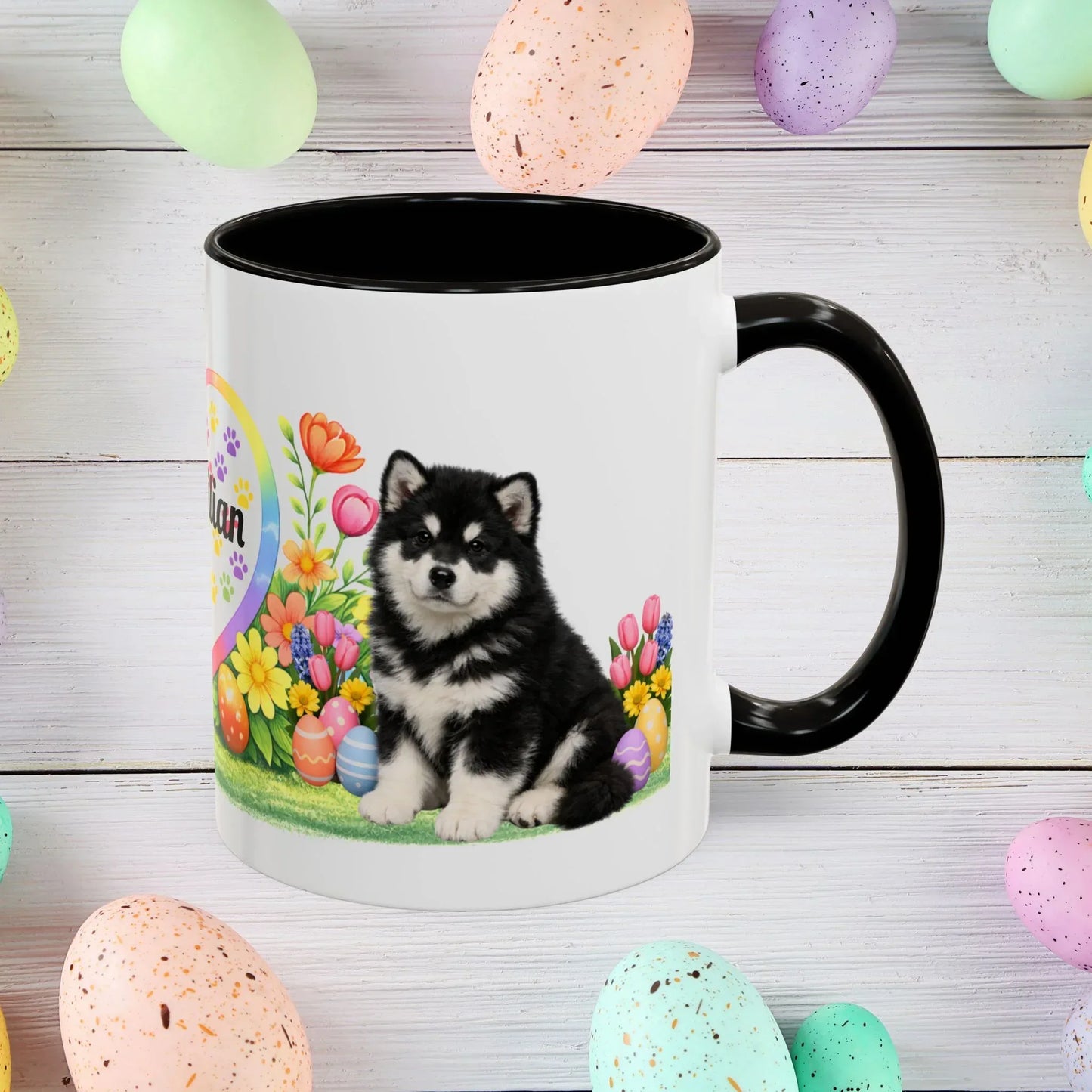 Shop our alaskan malamute black white puppy easter mug featuring the 11oz style option from MySisterIsASurvivor.