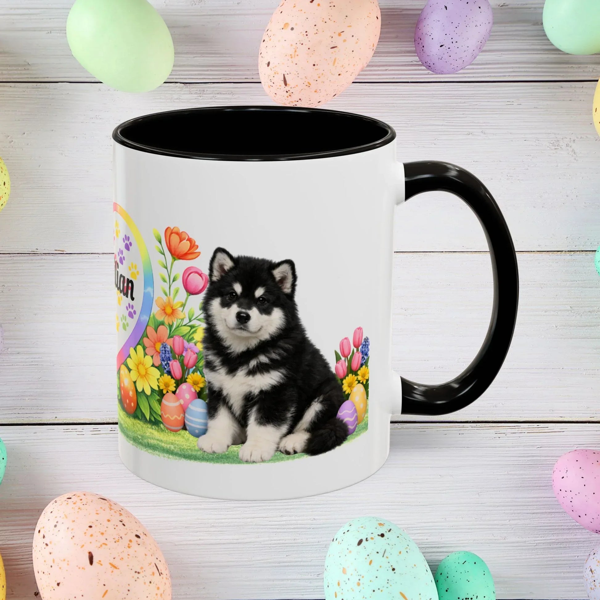Shop our alaskan malamute black white puppy easter mug featuring the 11oz style option from MySisterIsASurvivor.