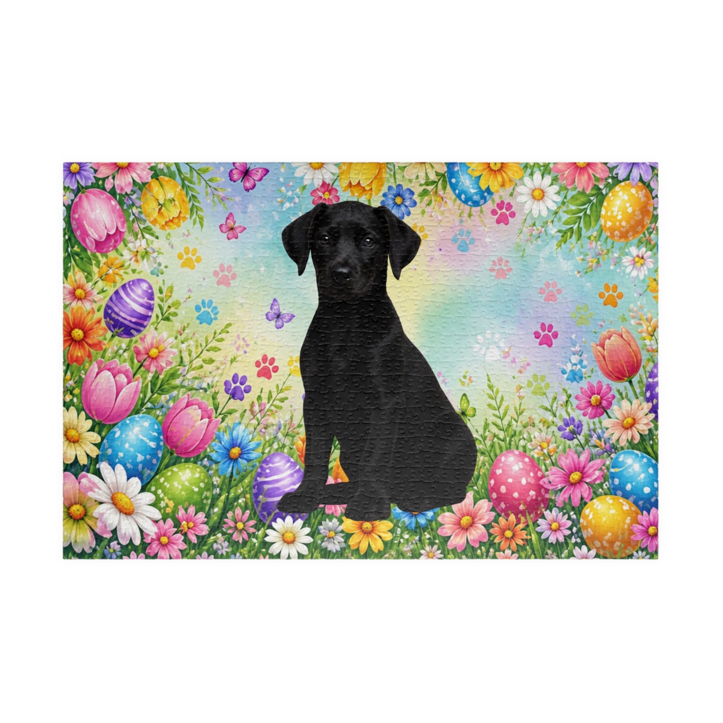 Doberman (Black) Easter Puppy Puzzle - Spring Flowers, Easter Eggs, and Butterflies