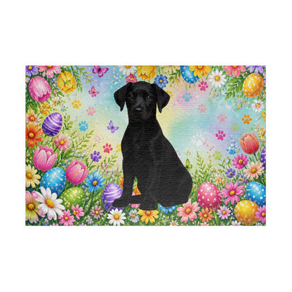 Doberman (Black) Easter Puppy Puzzle - Spring Flowers, Easter Eggs, and Butterflies
