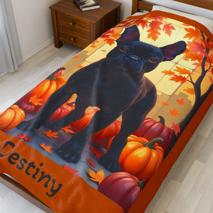 Black French Bulldog velveteen plush blanket, cozy personalized dog throw for Frenchie owners - MySisterIsASurvivor