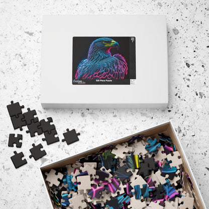 Wings of Resilience - Neon Eagle Portrait Puzzle with Teal Feathers and Pink Neon Outlines on Black