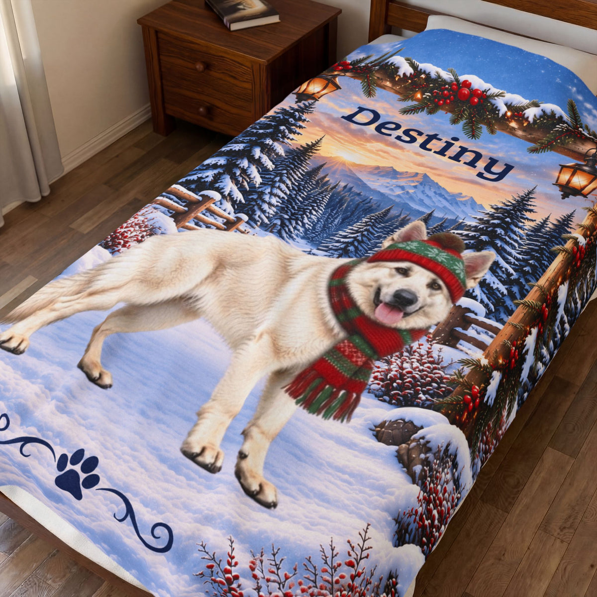 German Shepherd (White Coat) - Personalized Winter Forest Blanket, Custom Name Velveteen Throw - MySisterIsAsurvor