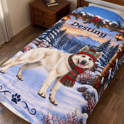 German Shepherd (White Coat) - Personalized Winter Forest Blanket, Custom Name Velveteen Throw - MySisterIsAsurvor