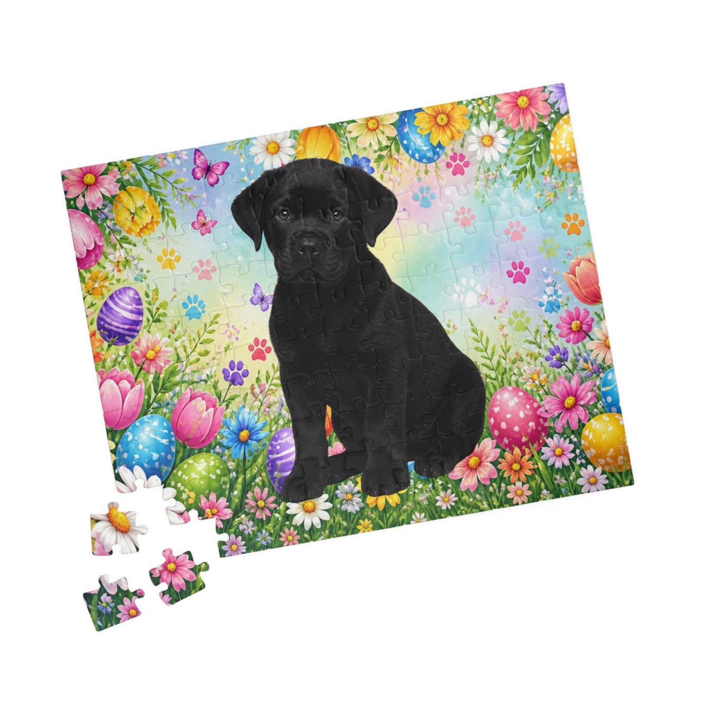 Rottweiler (Black) Easter Puppy Puzzle - Bold Spring Garden with Eggs and Wildflowers