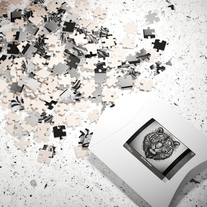 Jigsaw puzzle with black and white pieces on a light surface, next to an iPad displaying a tiger illustration.