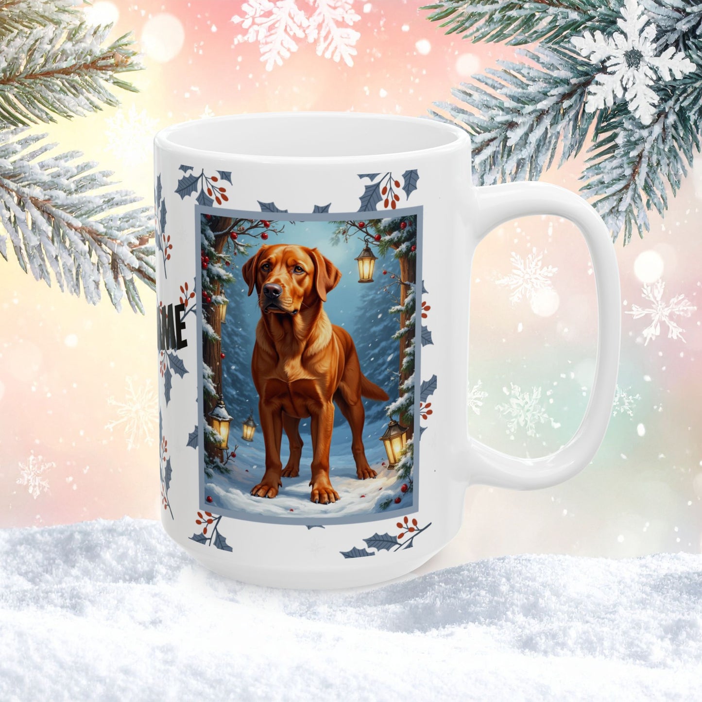 Labrador Retriever (Fox Red) Winter Mug - fox red labrador retriever artwork standing in a winter scene with pine trees