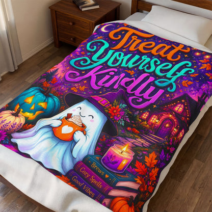 A colorful Halloween-themed blanket with the phrase “Treat Yourself Kindly” in large decorative lettering. The scene shows a smiling ghost in a witch hat holding a mug, surrounded by pumpkins, flowers, a house, candles, and autumn leaves on a purple background.