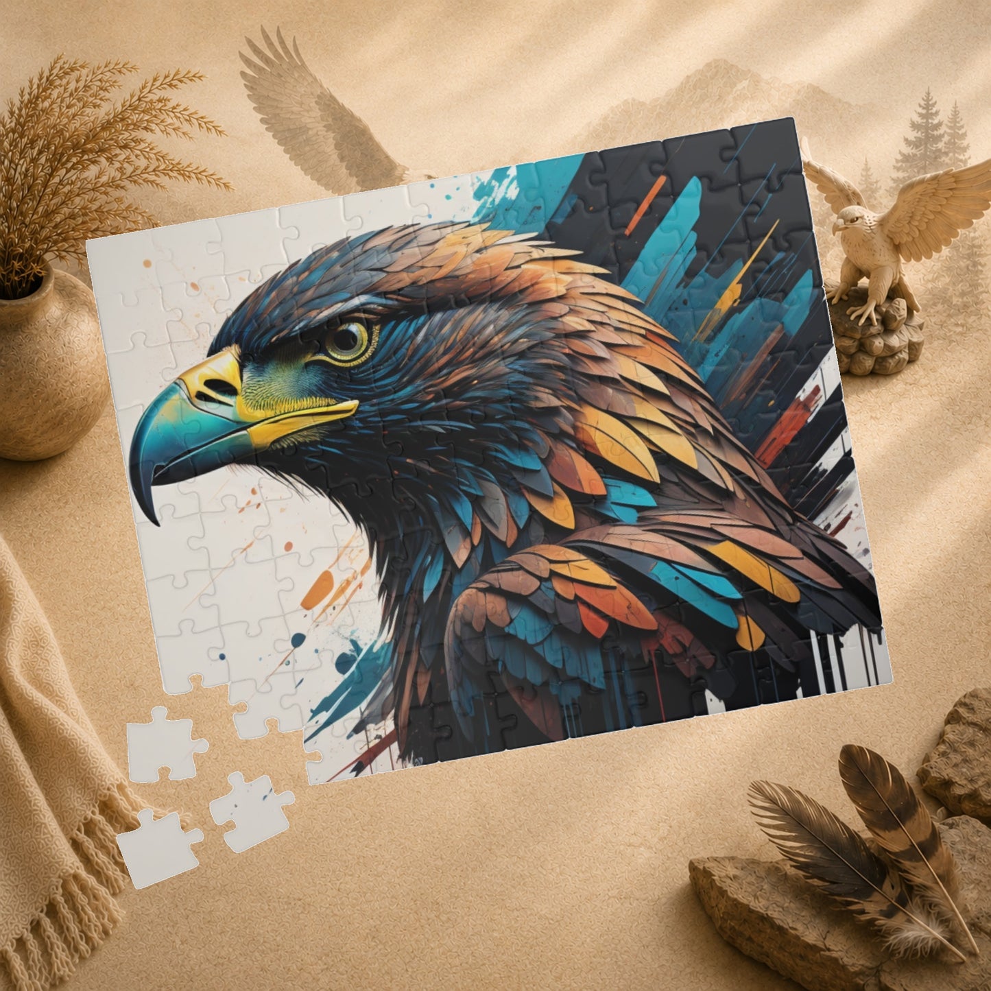 Eagle's Strength - Graffiti-Style Eagle Portrait Puzzle with Bold Brushstrokes in Teal and Orange