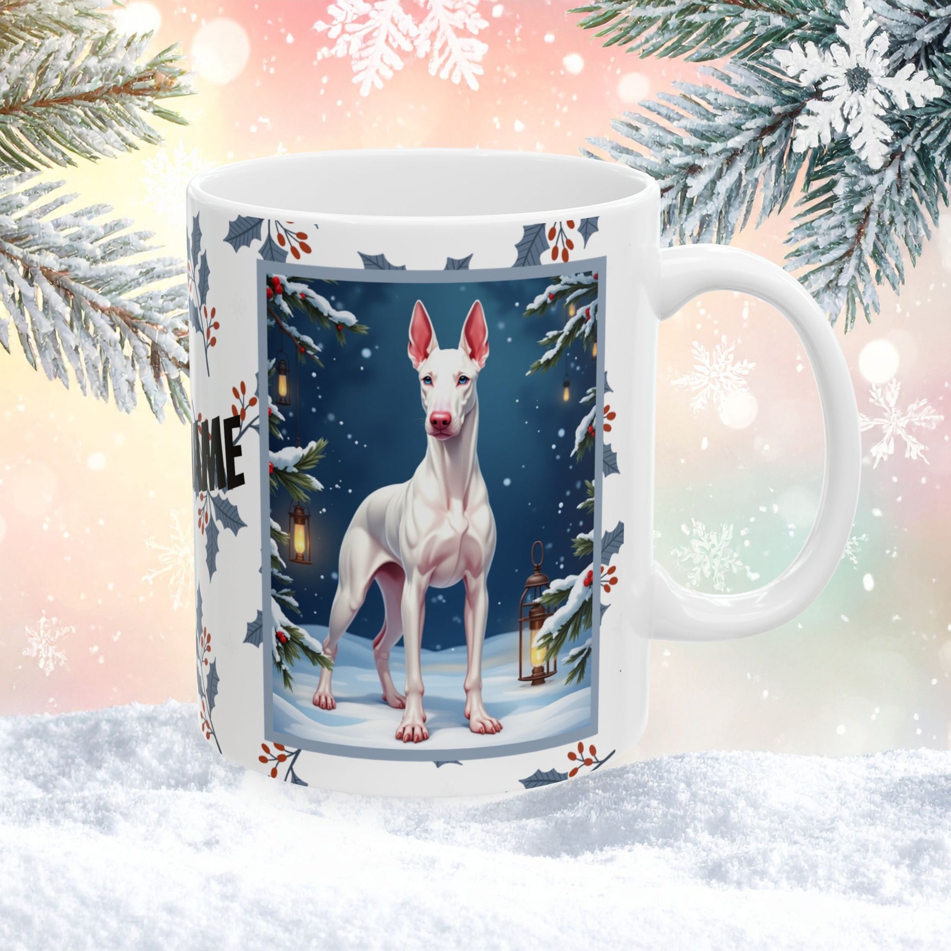 Doberman (White) Winter Mug - white Doberman artwork standing in a snowy winter setting with soft seasonal details