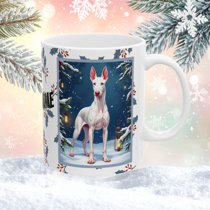 Doberman (White) Winter Mug - white Doberman artwork standing in a snowy winter setting with soft seasonal details