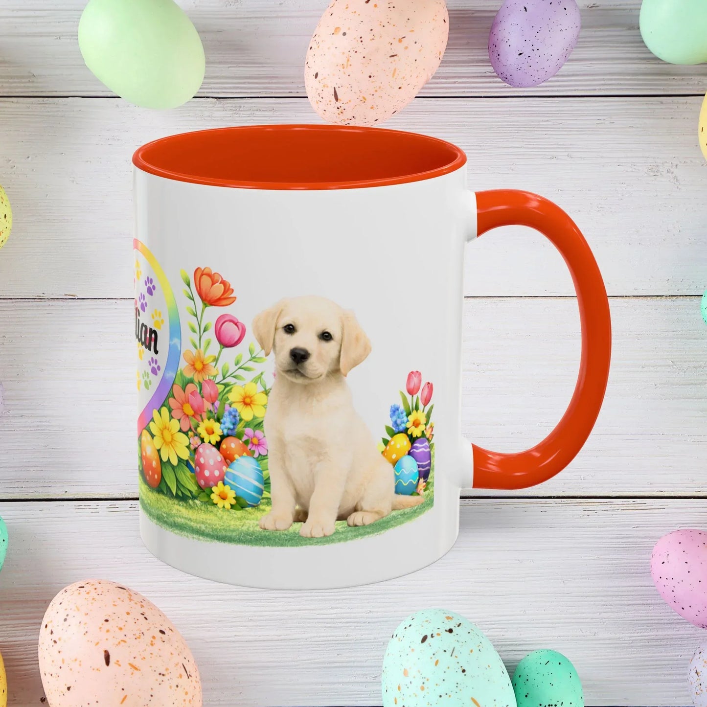 Shop our labrador retriever yellow pale buttemilk puppy easter mug featuring the 11oz style option from MySisterIsASurvivor.