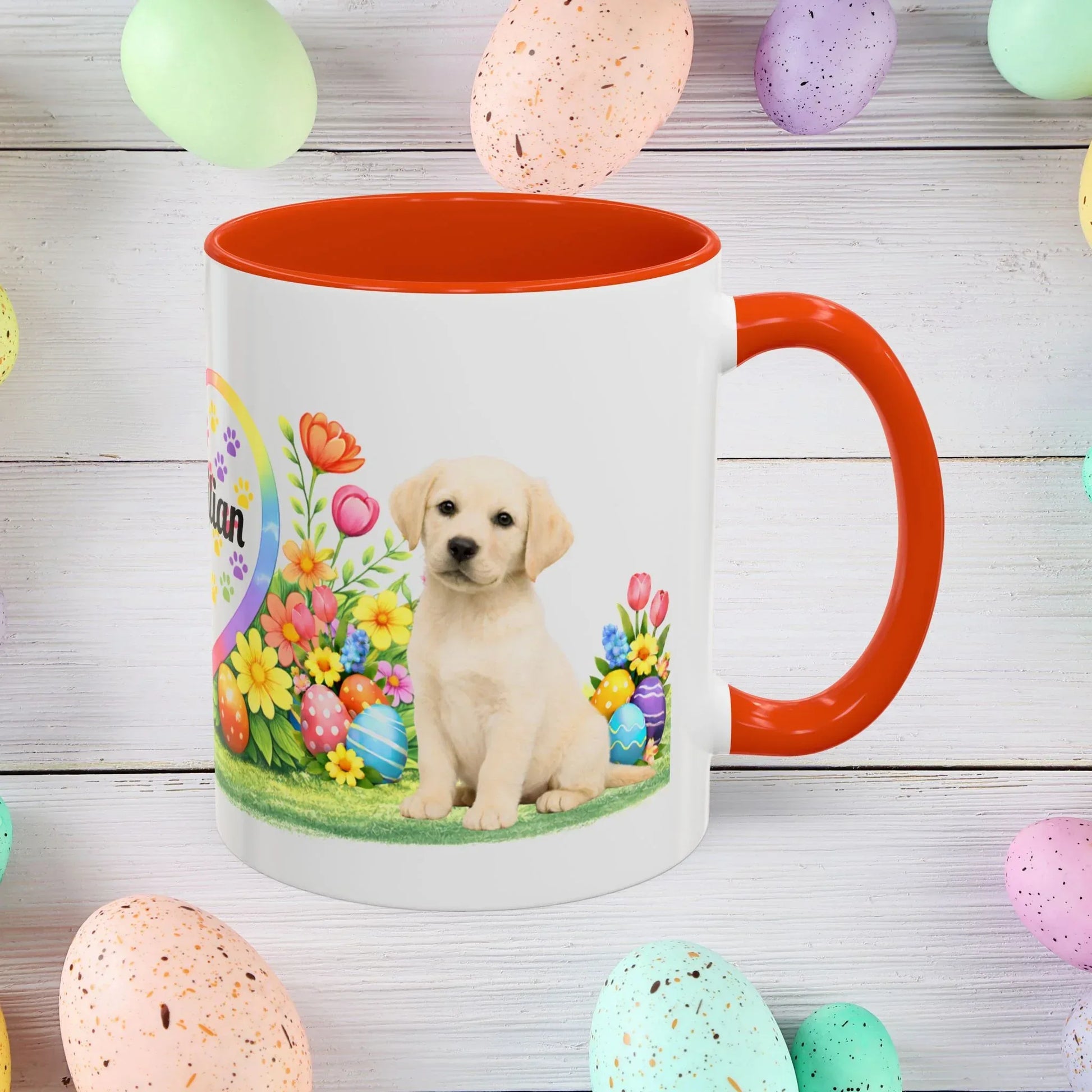 Shop our labrador retriever yellow pale buttemilk puppy easter mug featuring the 11oz style option from MySisterIsASurvivor.