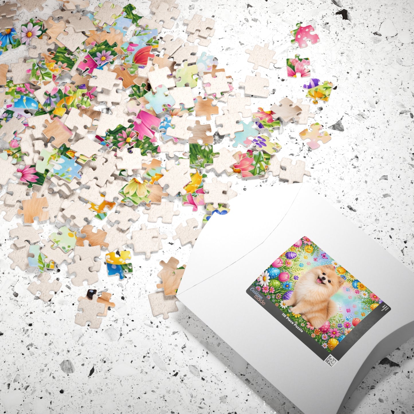 Pomeranian (Cream Sable) Easter Puppy Puzzle - Spring Garden with Eggs, Tulips, and Daisies