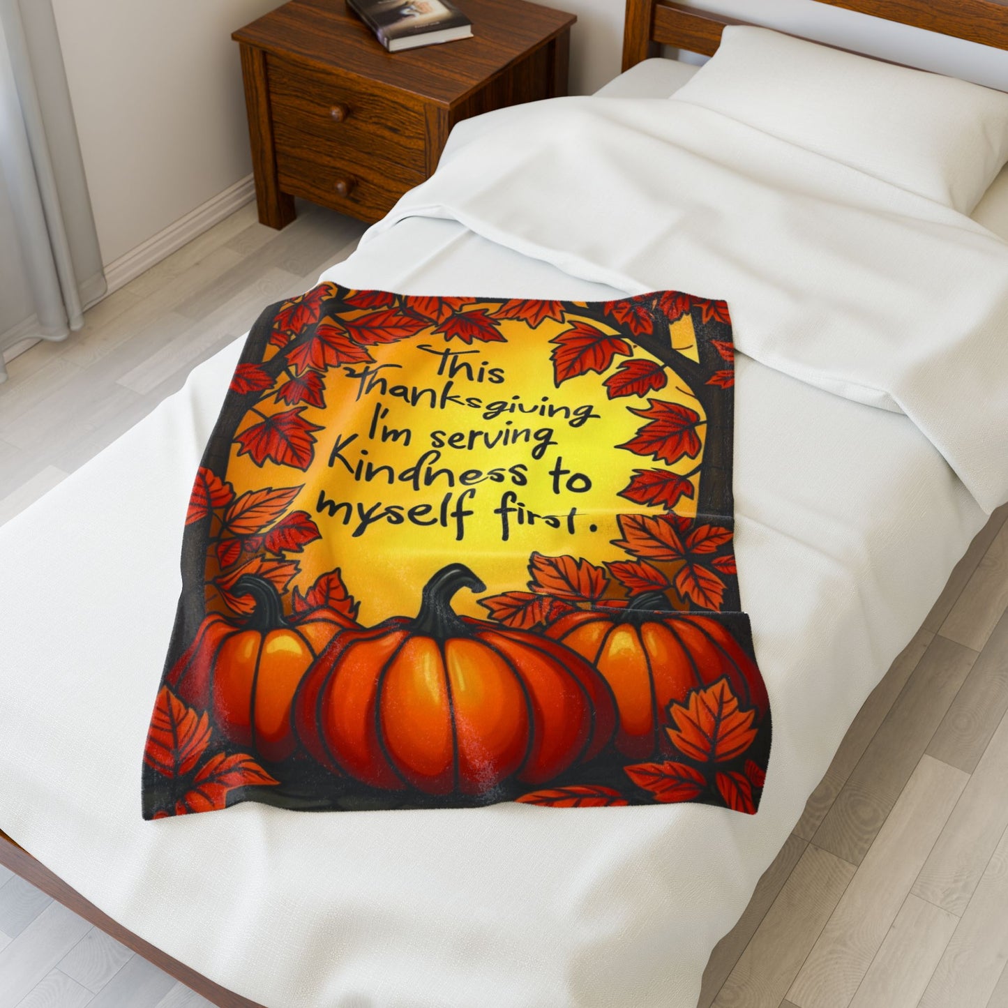 Self-care blanket with “Serving Kindness to Myself First,” Thanksgiving mindfulness design.