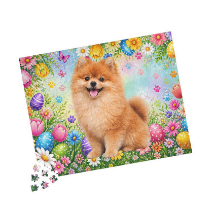 Pomeranian (Orange Sable) Easter Puppy Puzzle - Spring Garden with Eggs, Tulips, and Daisies