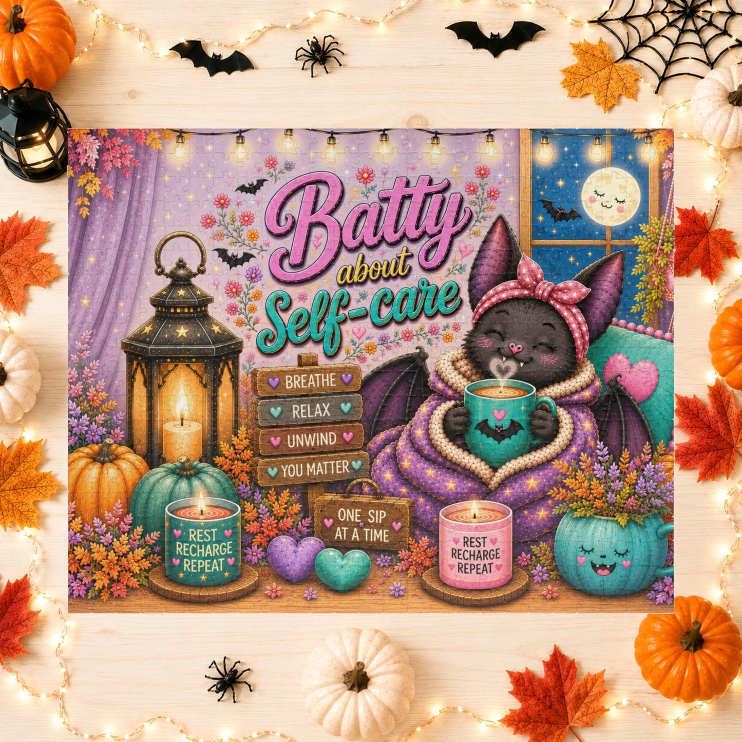 Batty About Self-Care Halloween Puzzle - Cozy Bat with Warm Mug, Blanket, and Rest Recharge Repeat
