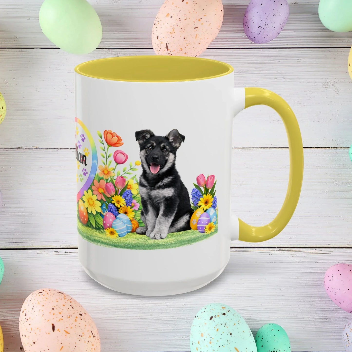 Shop our premium german shepherd black silver puppy easter mug from MySisterIsASurvivor.