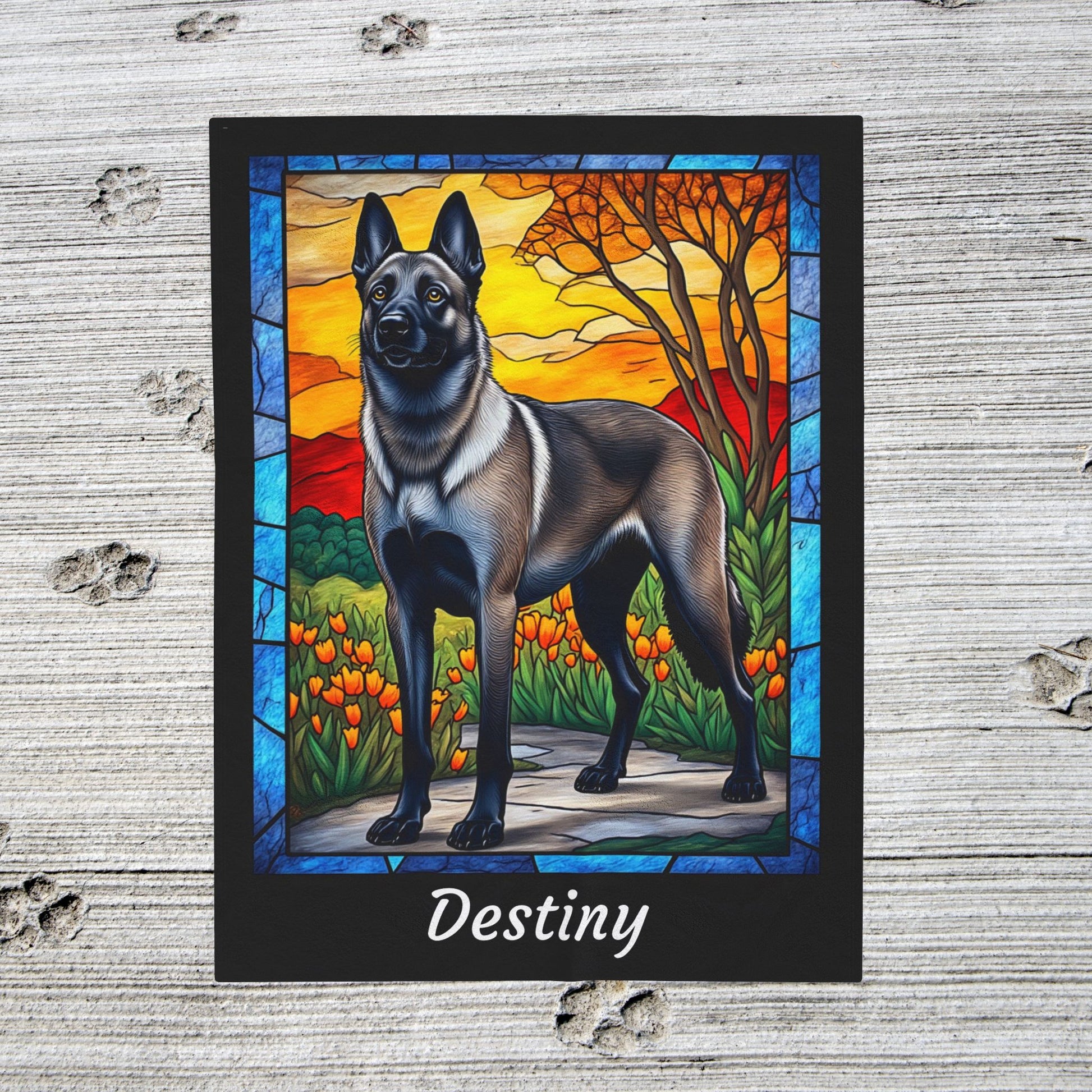Belgian Malinois gray sable velveteen blanket, stained glass dog throw, personalized pet gift - MySisterIsASurvivor