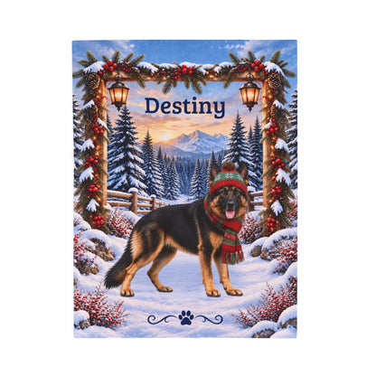 German Shepherd (Bi-Color Coat) - Personalized Winter Lodge Throw, Custom Name Velveteen Blanket - MySisterIsAsurvor