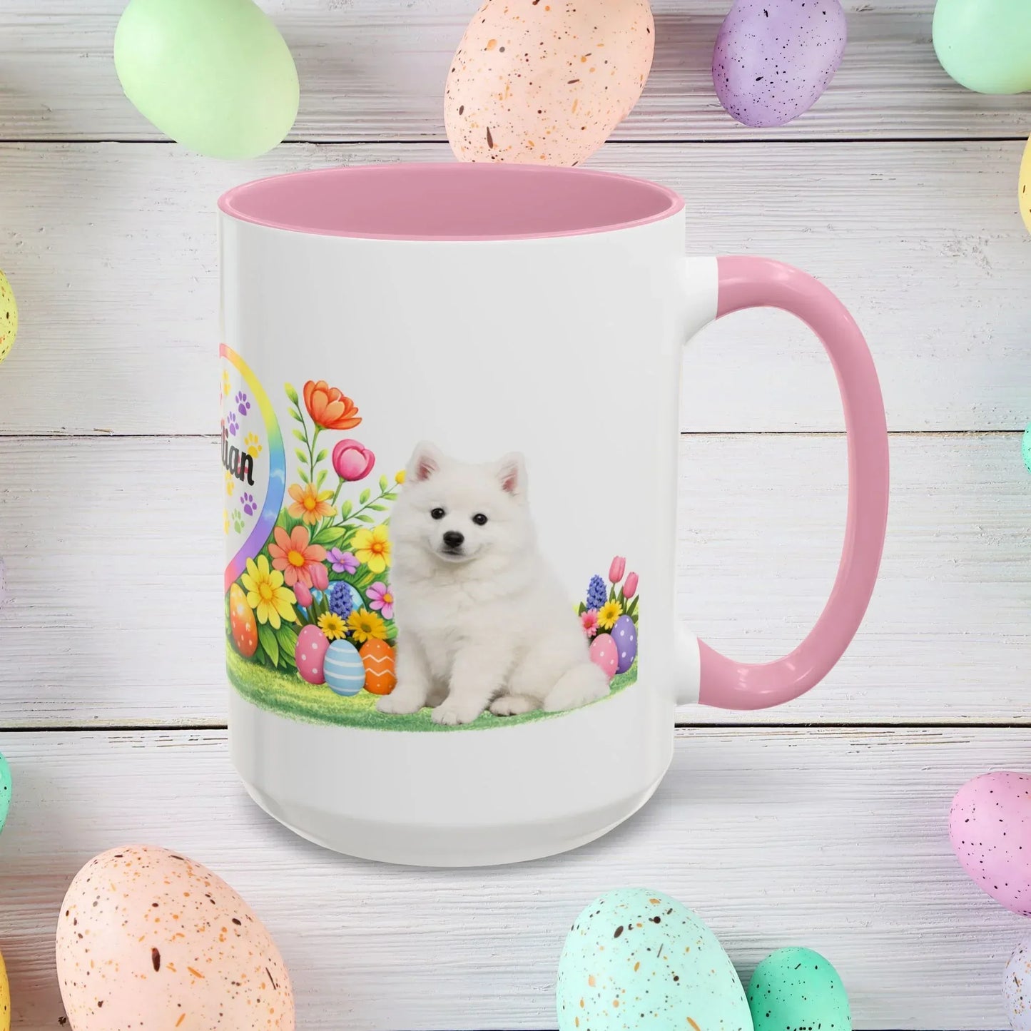 Shop our american eskimo puppy easter mug featuring the 15oz style option from MySisterIsASurvivor.
