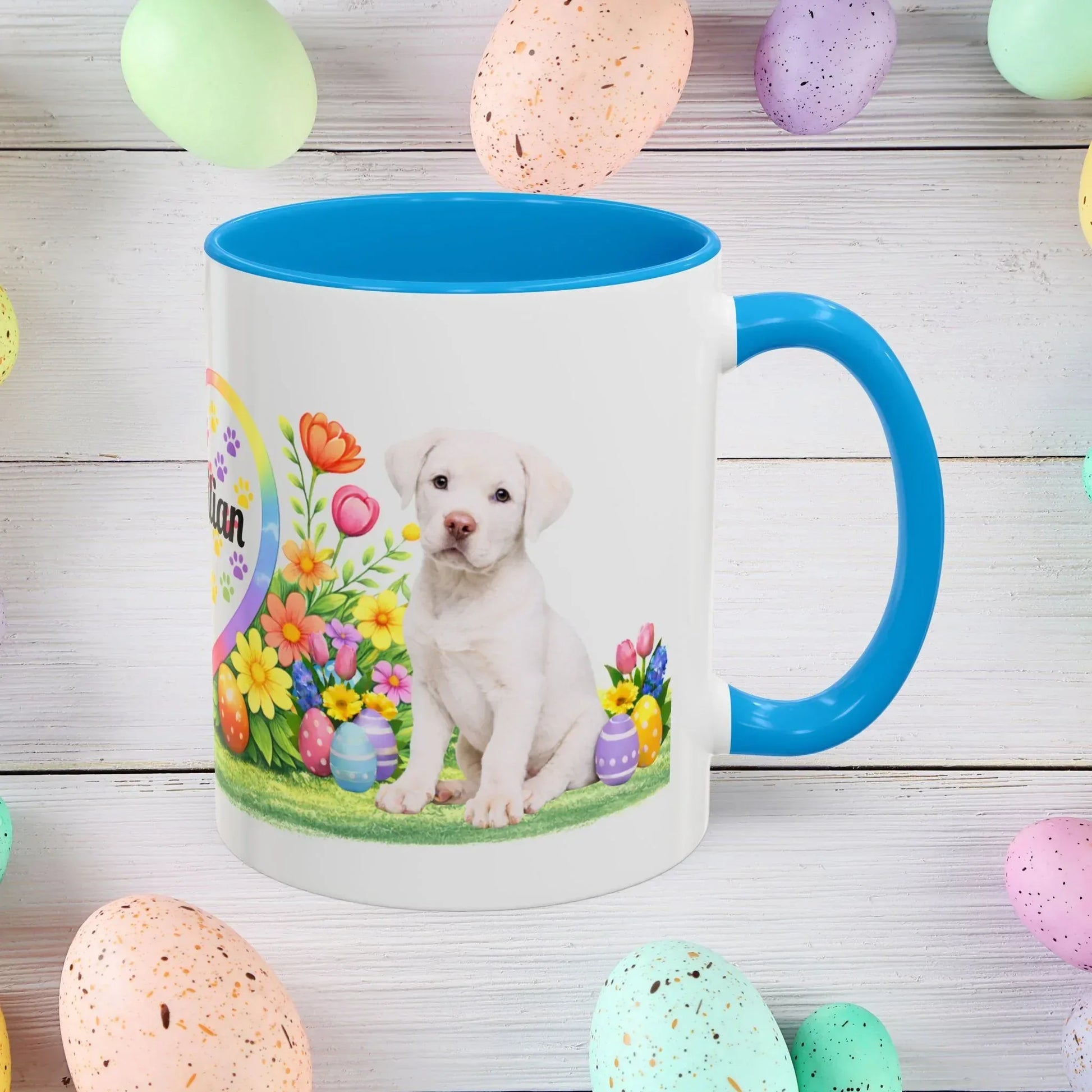 Shop our rottweiler white puppy easter mug featuring the 11oz style option from MySisterIsASurvivor.