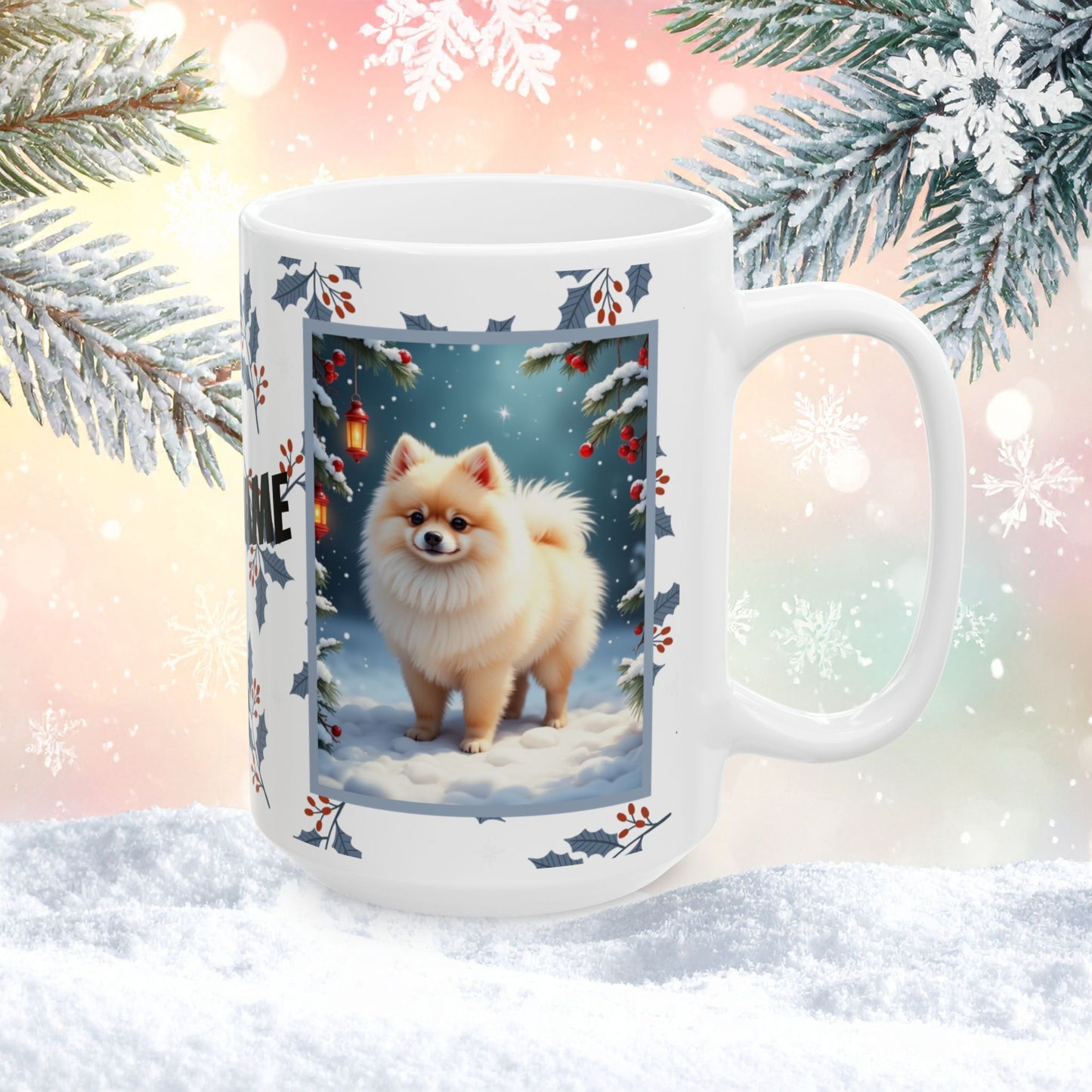 Pomeranian (Cream) Winter Mug - cream pomeranian artwork standing in a bright winter setting with snow